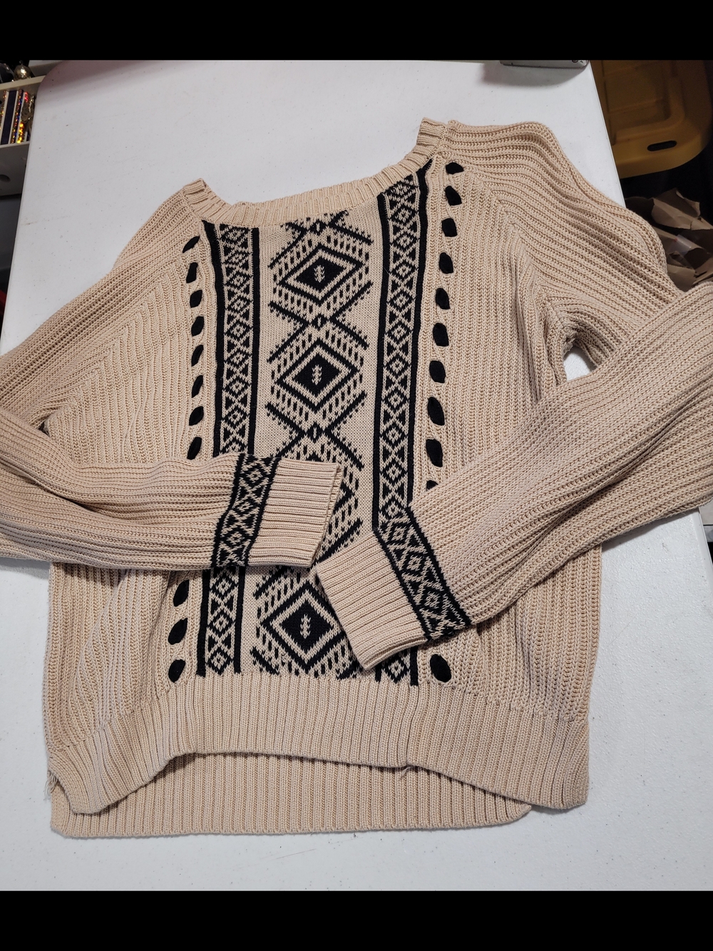 Alya Cream Crewneck Sweater with Black Fair Isle Center
